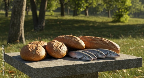 Loaves of bread and fish on stone table in peaceful outdoor setting, Gods abundant provision and miracle