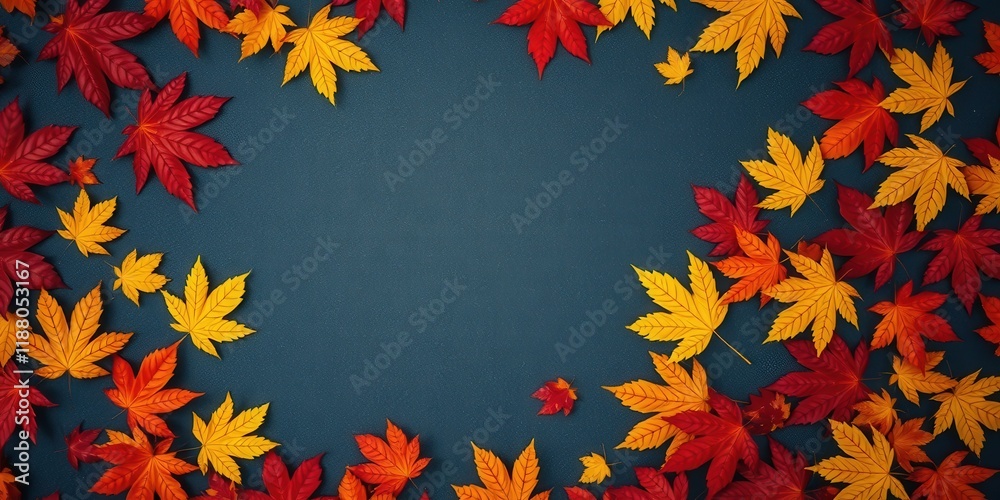 Autumnal Foliage Frame with Vivid Red and Golden Yellow Leaves on a Deep Blue Background Autumnal Foliage Frame with Vivid Red and Golden Yellow Leaves on a Deep Blue Background