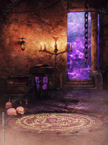 Fantasy room with a magic portal, circle on the ground, altar with a book, and large cauldron. 3D render. Made from 3d resources and painted elements. No AI used. 