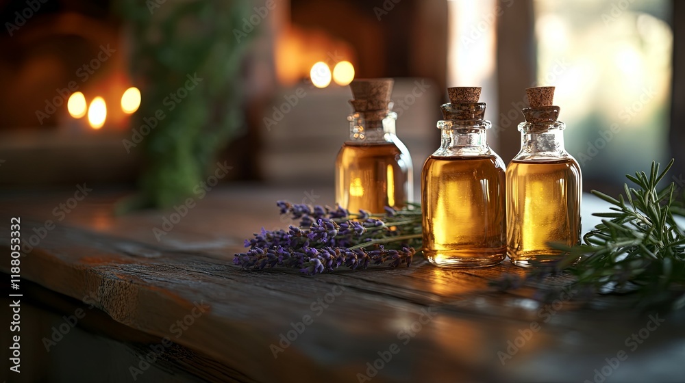 Amber Essential Oils: Rustic Still Life with Lavender and Rosemary Amber Essential Oils: Rustic Still Life with Lavender and Rosemary