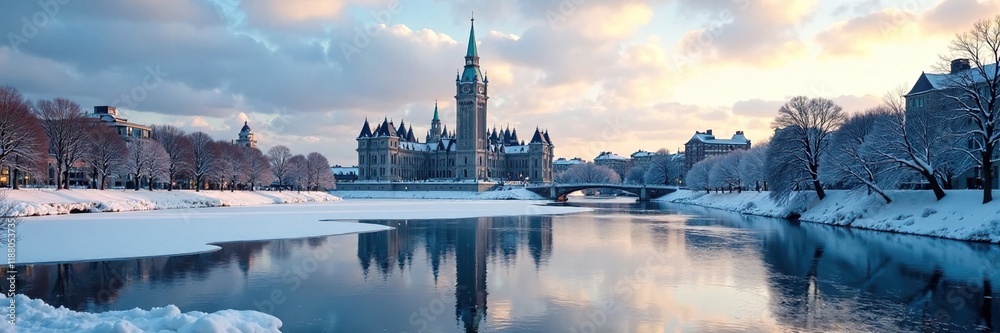 Naklejka premium Federal Parliament building reflected in frozen Rideau Canal, winter wonderland scene, reflective surface, government buildings