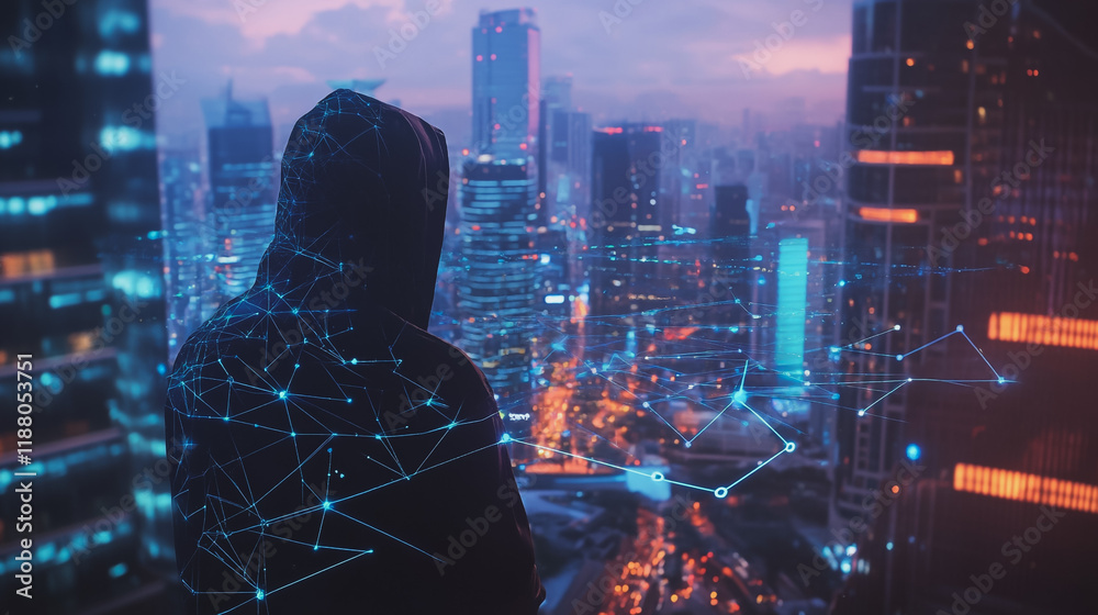 Fototapeta premium Hacker are planning to hack and attack networks and cyber security systems. Smart digital city with connection cyber security network reciprocity over the cityscape .
