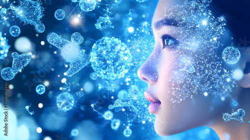 Skincare model and Cosmetic Innovation, Blending Organic Patterns, Bioluminescence, and Minimalist 3D Aesthetics.