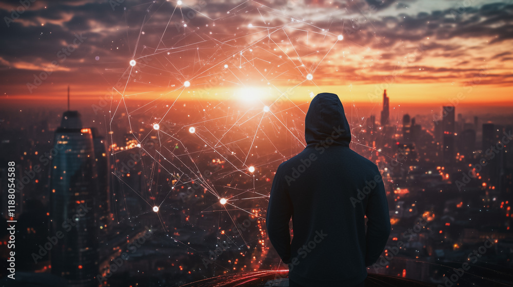 Fototapeta premium Hacker are planning to hack and attack networks and cyber security systems. Smart digital city with connection cyber security network reciprocity over the cityscape .