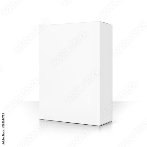 Realistic white closed paperboard box mockup. Half side view. Vector illustration isolated on white background. Taking your 2D designs into 3D. Can be use for medicine, food, cosmetic. EPS10.