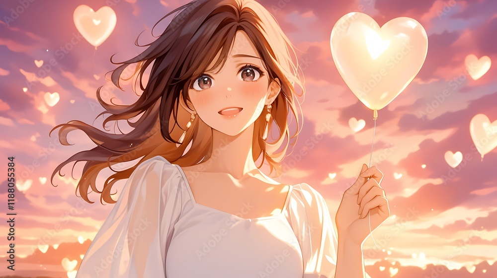 Anime Girl Holding Heart Shaped Balloon Sunset Sky Anime Girl Holding Heart Shaped Balloon Sunset Sky