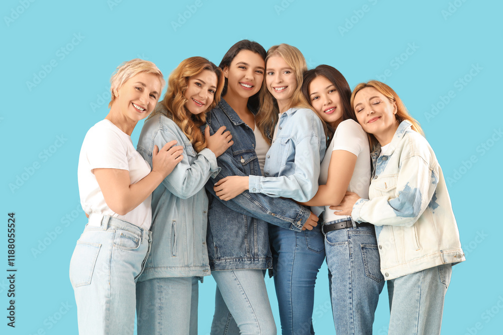 Portrait of beautiful hugging women on blue background Portrait of beautiful hugging women on blue background