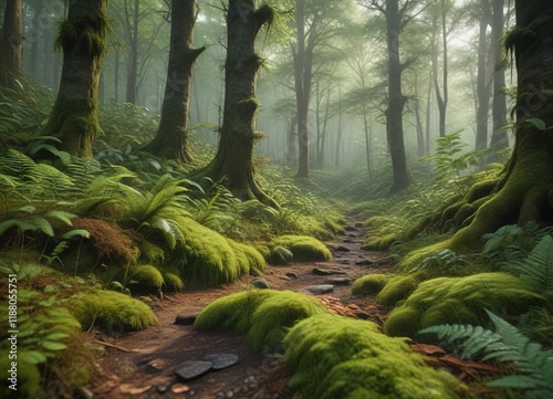 Forest floor covered with moss and ferns in the Belovezhskaya Pushcha , leaf litter, landscape photo