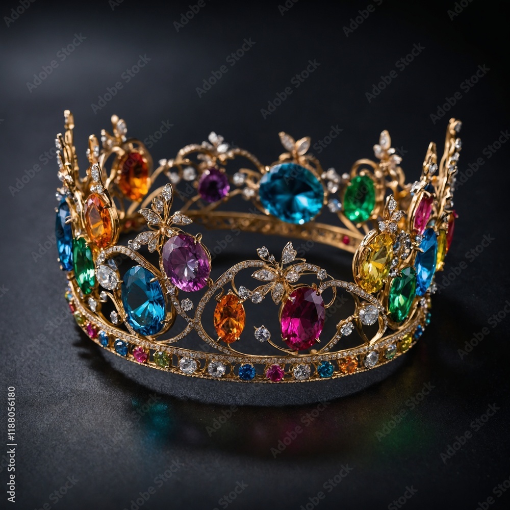 A rainbow diamond crown with delicate butterfly motifs, shimmering on black.
A rainbow diamond crown with delicate butterfly motifs, shimmering on black.