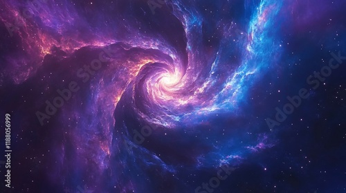 A vibrant cosmic swirl of purple and blue, depicting a galaxy in deep space.