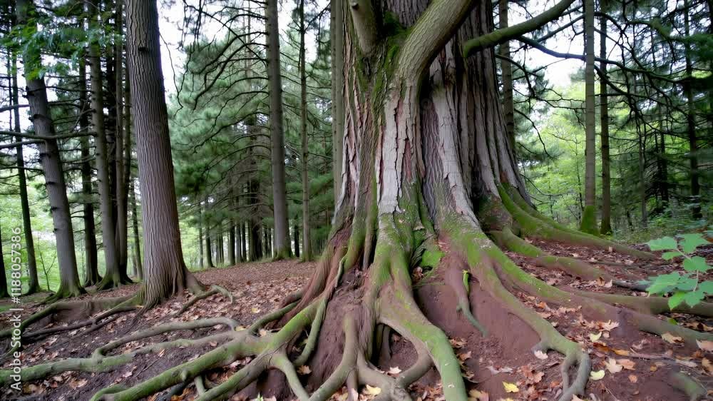 Majestic Tree with Exposed Roots in Lush Forest Setting Majestic Tree with Exposed Roots in Lush Forest Setting
