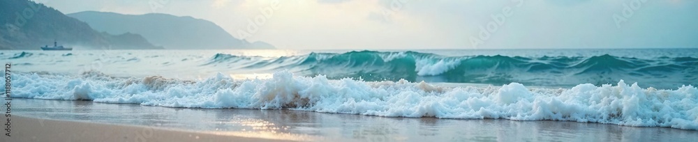 Fototapeta premium Gentle lapping of waves against a misty shore, shore, , waves