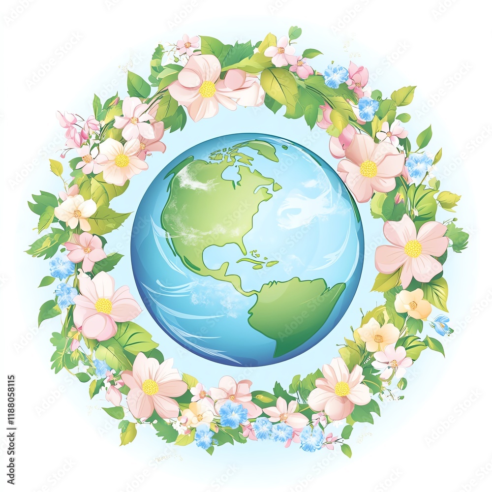 Naklejka premium Colorful illustration of Earth surrounded by a vibrant flower wreath.