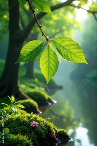 Glistening dew drops on leaves of trees along Kurchum River, fresh, springtime, tree photo