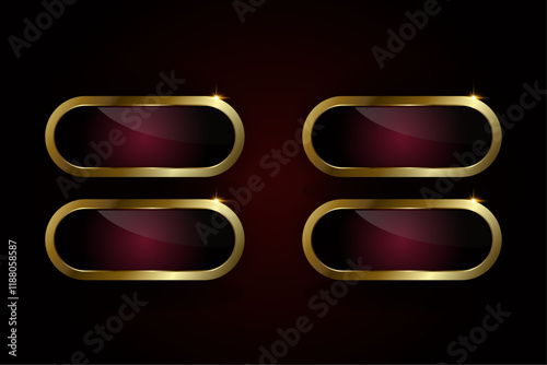 Groups of four luxury red plate buttons of ellipse vector shape with golden frame vector illustration. Four options of Realistic prmium red buttons on isolated background. photo