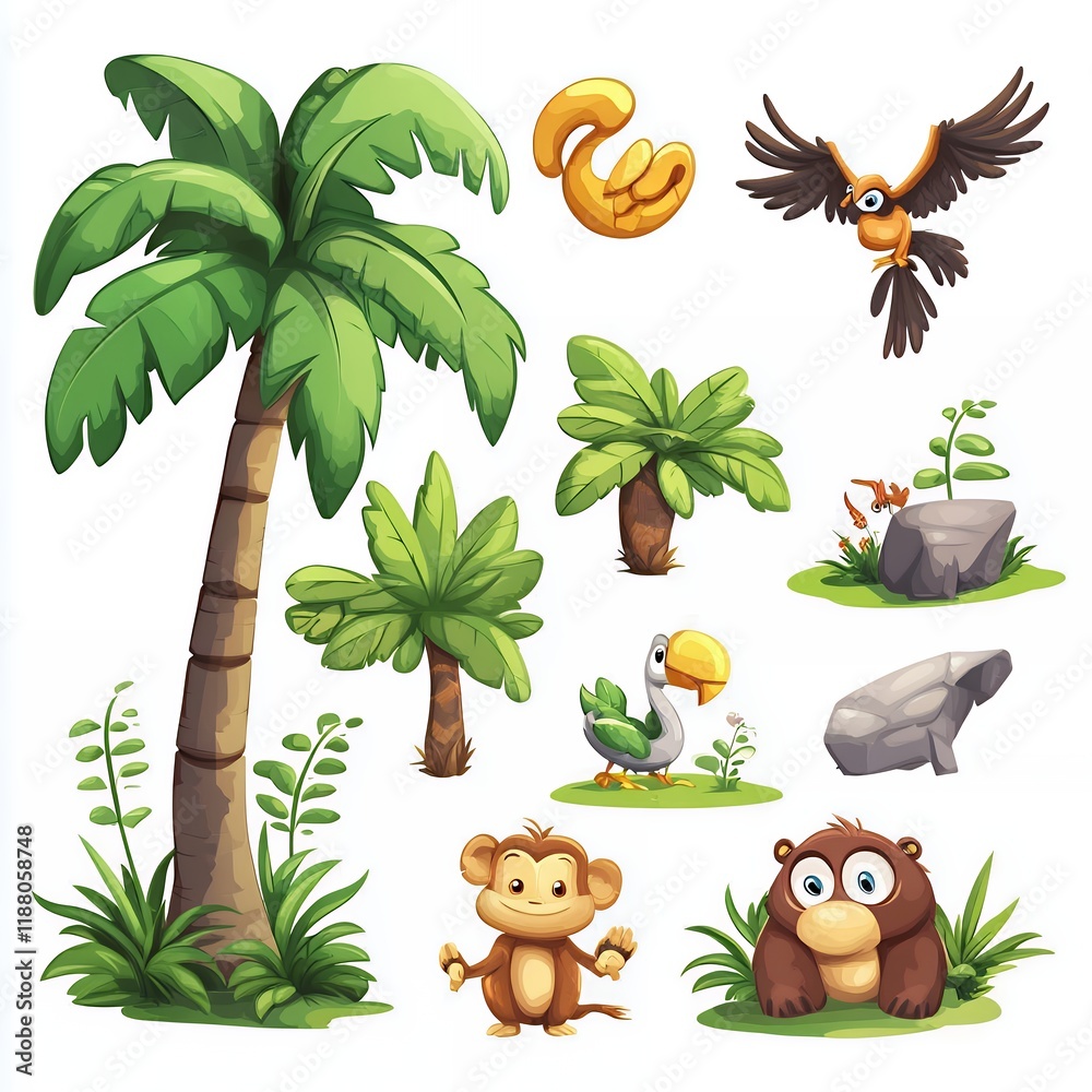 Fototapeta premium Adorable Jungle Animals and Tropical Plants Cartoon Clipart