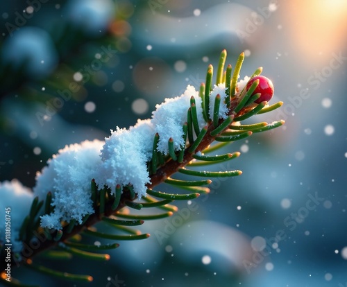 Glittering snowflakes cling to the fragile tips of pine branches, snowfall, glitter photo