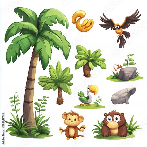 Adorable Jungle Animals and Tropical Plants Cartoon Clipart photo