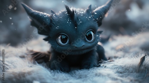 adorable small baby dragon with a soft light black body, large sparkling and teary eyes, two tiny horns, soft fluffy fur around its neck, anime-style, cute and endearing look, affectionate  photo