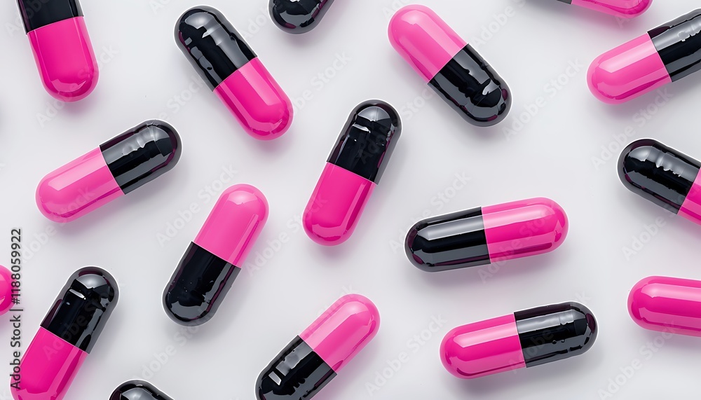 Black and pink capsule pills arranged randomly on a white background, emphasizing their vibrant colors and textures. Black and pink capsule pills arranged randomly on a white background, emphasizing their vibrant colors and textures.
