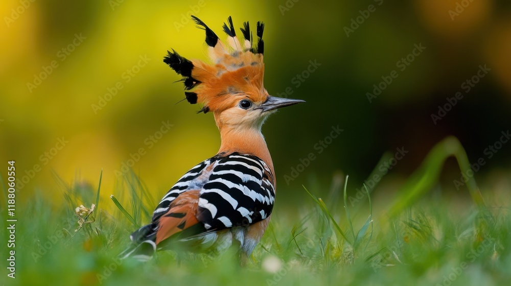 A Eurasian hoopoe on a grassy field, its distinct crest of feathers raised in a striking display. A Eurasian hoopoe on a grassy field, its distinct crest of feathers raised in a striking display.