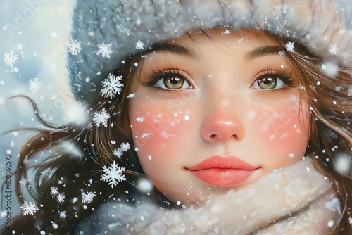A close-up of a woman with rosy cheeks and snowflakes in her hair, capturing the magic of a winter day.