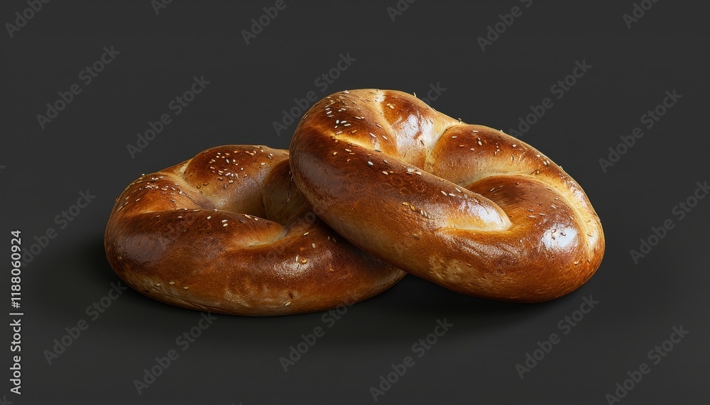 Two freshly baked pretzels with a crispy crust and soft interior, isolated on a black background. Two freshly baked pretzels with a crispy crust and soft interior, isolated on a black background.