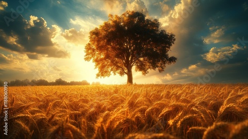 Lone tree in golden wheat field at sunset, dramatic sky.