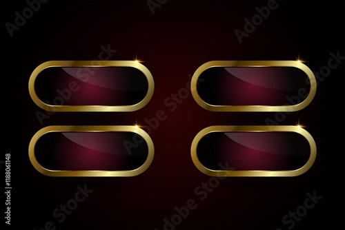 Groups of four luxury red plate buttons of ellipse vector shape with golden frame vector illustration. Four options of Realistic prmium red buttons on isolated background. photo