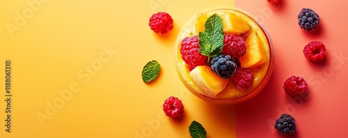 A frozen fruit smoothie topped with mint leaves and berries, placed on a solid-colored background