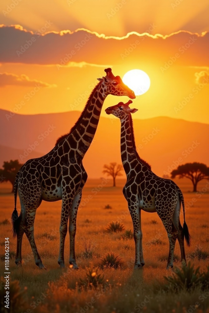 Obraz premium Giraffe feeding at sunrise, Kruger's golden light , sun, wild, ruminant