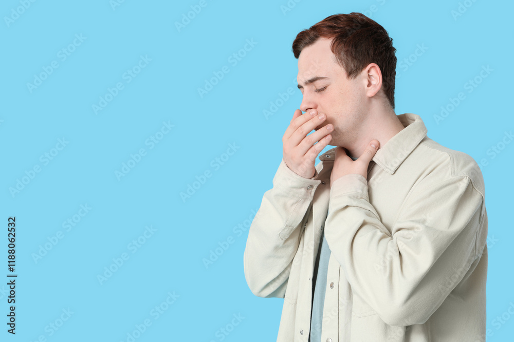 Young man with sore throat on blue background Young man with sore throat on blue background