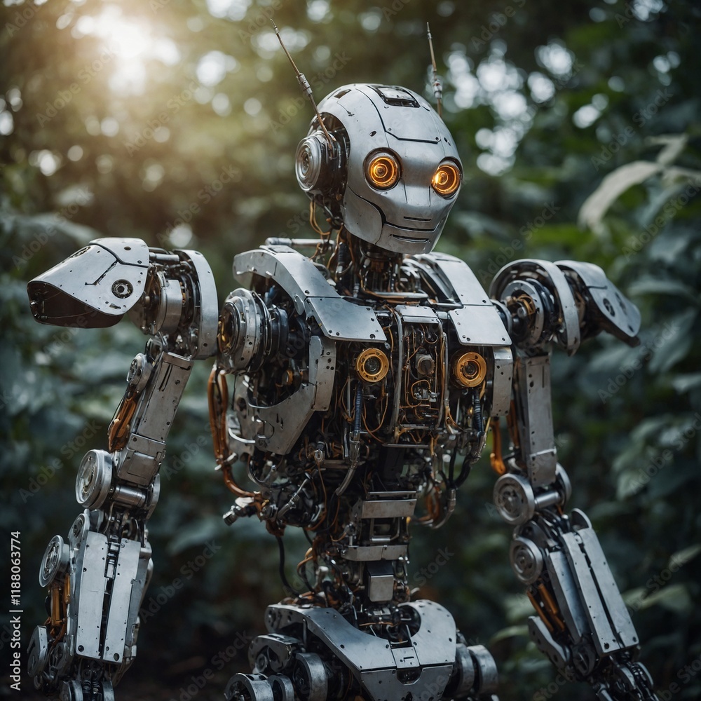 Fototapeta premium A robot with mechanical wings ready to take flight.