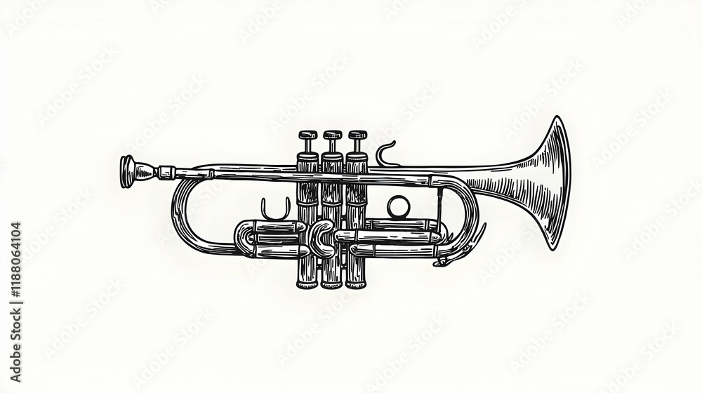 Obraz premium Hand-drawn trumpet illustration, white background, musical instrument, design element, jazz music