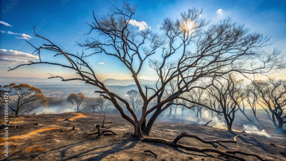 Charred Landscape After Forest Fire with Barren Trees Charred Landscape After Forest Fire with Barren Trees