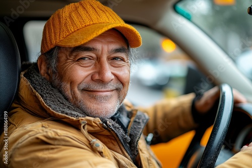 A friendly taxi driver sitting behind the wheel. Generative AI photo