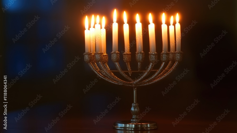 Fototapeta premium Beautiful candle holder with many lit candles is placed on a table. The candles are evenly spaced and the holder is made of metal, giving it a sophisticated and elegant appearance