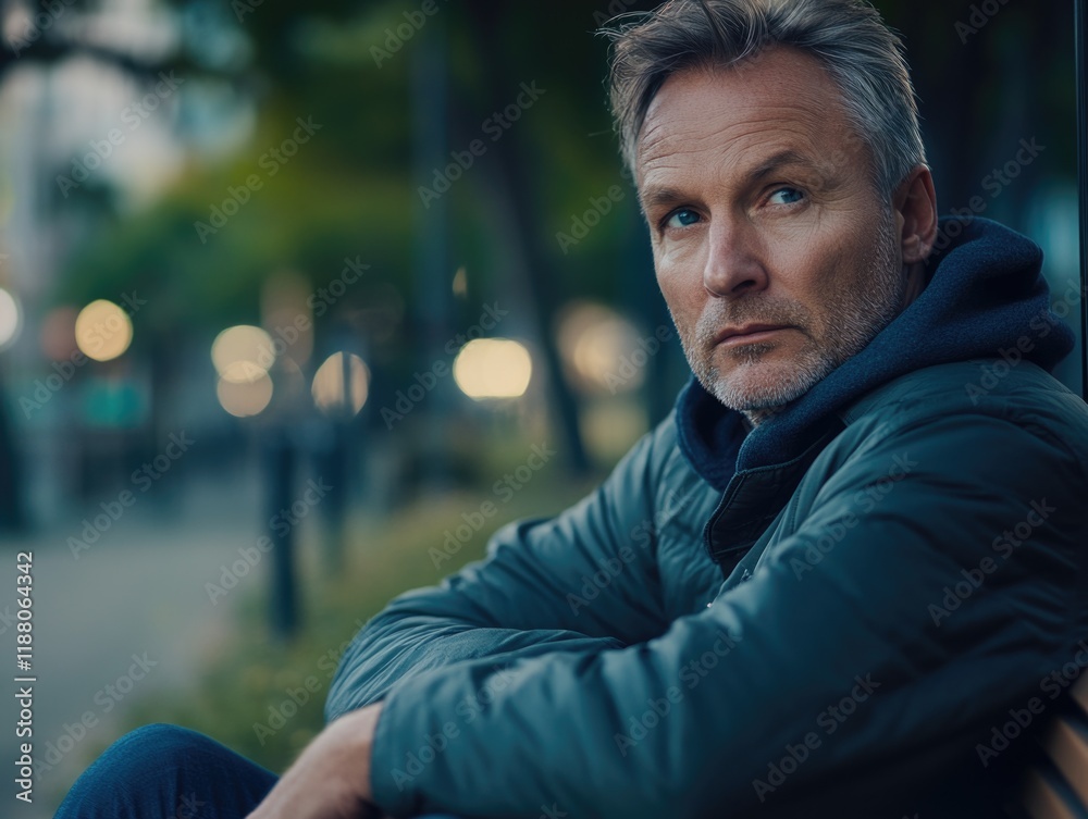 Fototapeta premium Man is sitting on a bench in a park. He is wearing a black jacket and a blue scarf. The man is looking at the camera with a serious expression