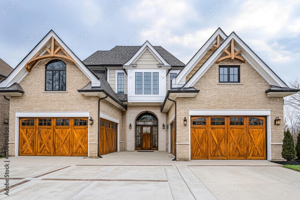 Luxury home with tan brick walls and white trim details. Luxury home with tan brick walls and white trim details.