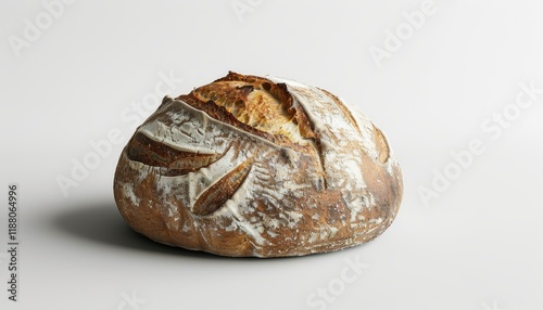 A freshly baked sourdough loaf of bread on a white background.