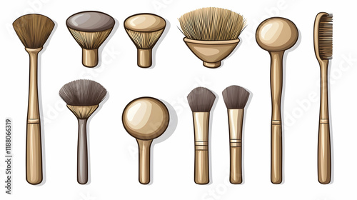 Collection of illustrated makeup brushes on white background photo