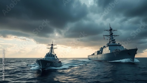 Missile cruiser military ship guarding maritime borders under a beautiful sky, destroyer, ocean patrol, defense photo