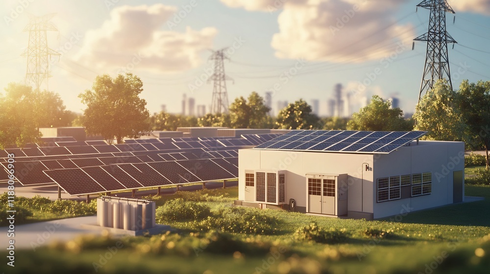 Obraz premium Sustainable Energy Generation: Solar Power Plant in Green Landscape
