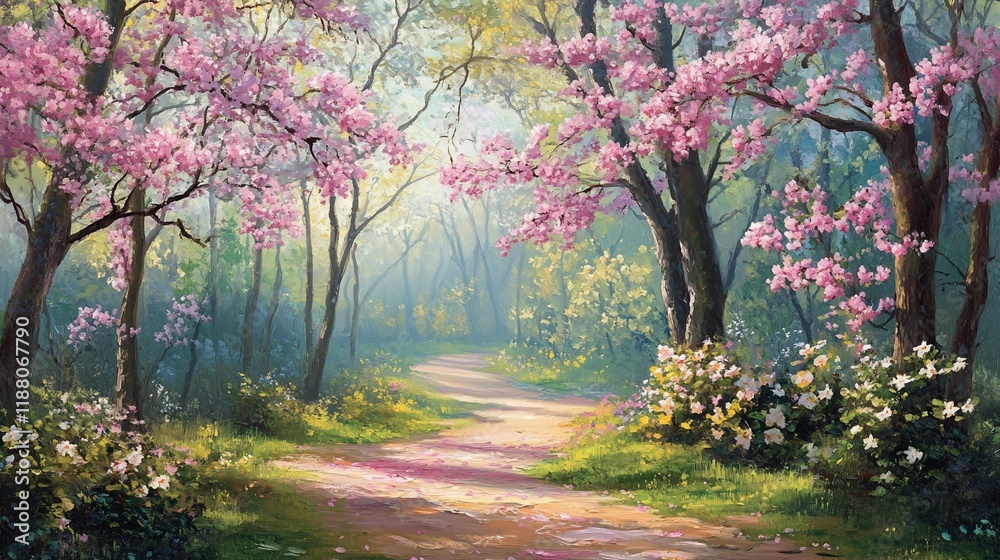 Serene path through a blooming spring forest with pink and white flowers. Serene path through a blooming spring forest with pink and white flowers.