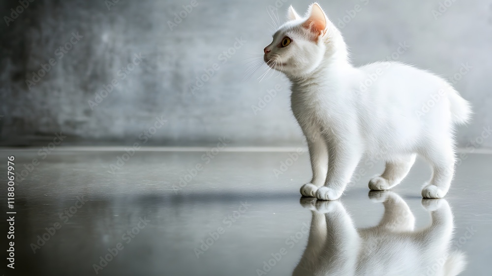 A White Kitten Stands Gracefully on a Reflective Surface A White Kitten Stands Gracefully on a Reflective Surface