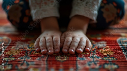Child Praying Hands on Ornate Carpet