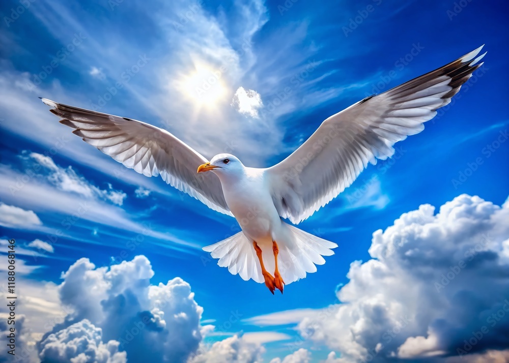 White Seagull Soaring: Majestic Bird in Flight Against Blue Sky and Clouds White Seagull Soaring: Majestic Bird in Flight Against Blue Sky and Clouds