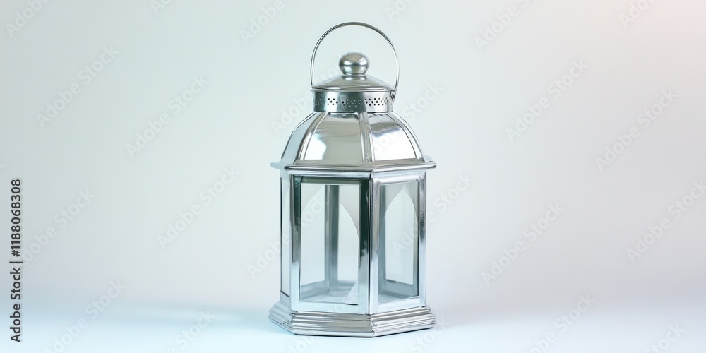 Silver lantern with a glass top sits on a white background. The lantern is tall and narrow, with a handle on top. The glass top allows light to shine through, creating a warm and inviting atmosphere Silver lantern with a glass top sits on a white background. The lantern is tall and narrow, with a handle on top. The glass top allows light to shine through, creating a warm and inviting atmosphere