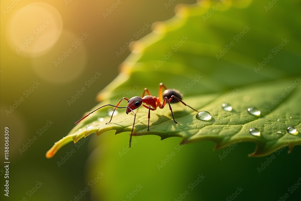 Two ants interacting on a fresh green leaf with visible water droplets and soft light. Two ants interacting on a fresh green leaf with visible water droplets and soft light.