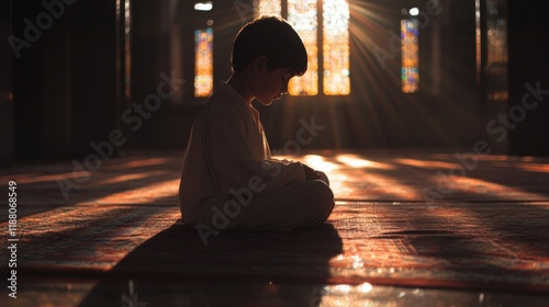 Young Boy Meditating in a Sunlit Mosque